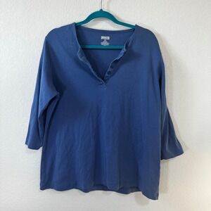Duluth Trading Co Womens Blue 3/4 Sleeve Henley Shirt XL 100% Cotton